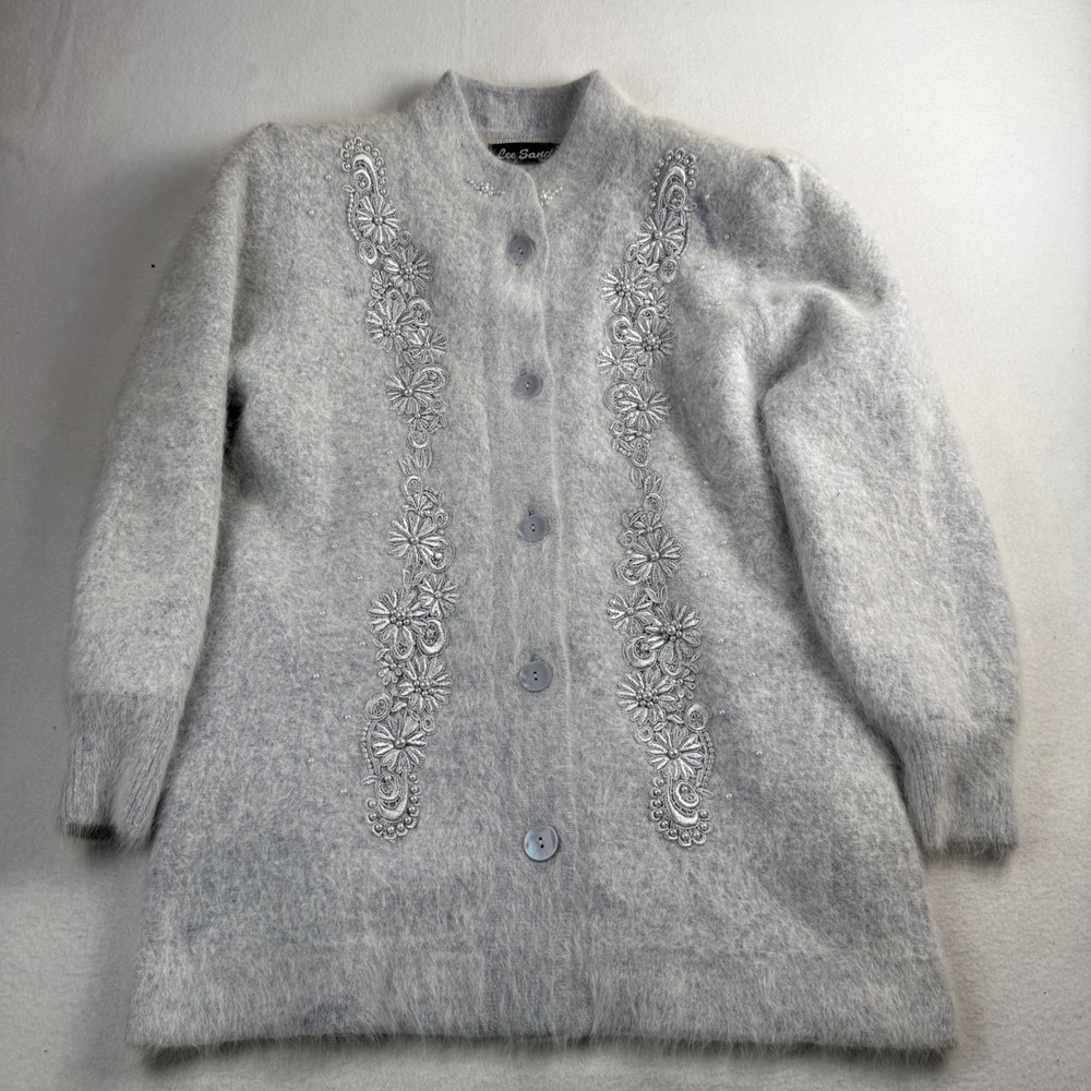 Lee Sands Vintage Angora Rabbit Blend Embroidered Pearl Cardigan Sweater Blue OS